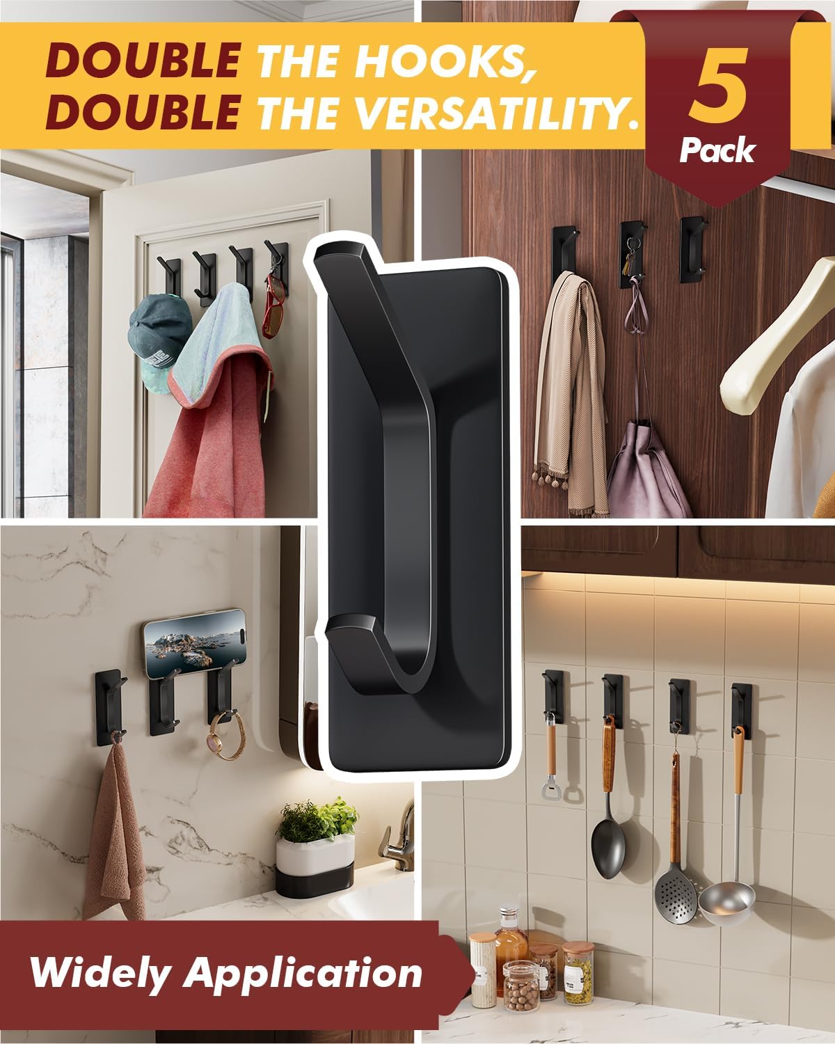 5 Pack Black Heavy Duty Self Adhesive Stainless Steel Hooks