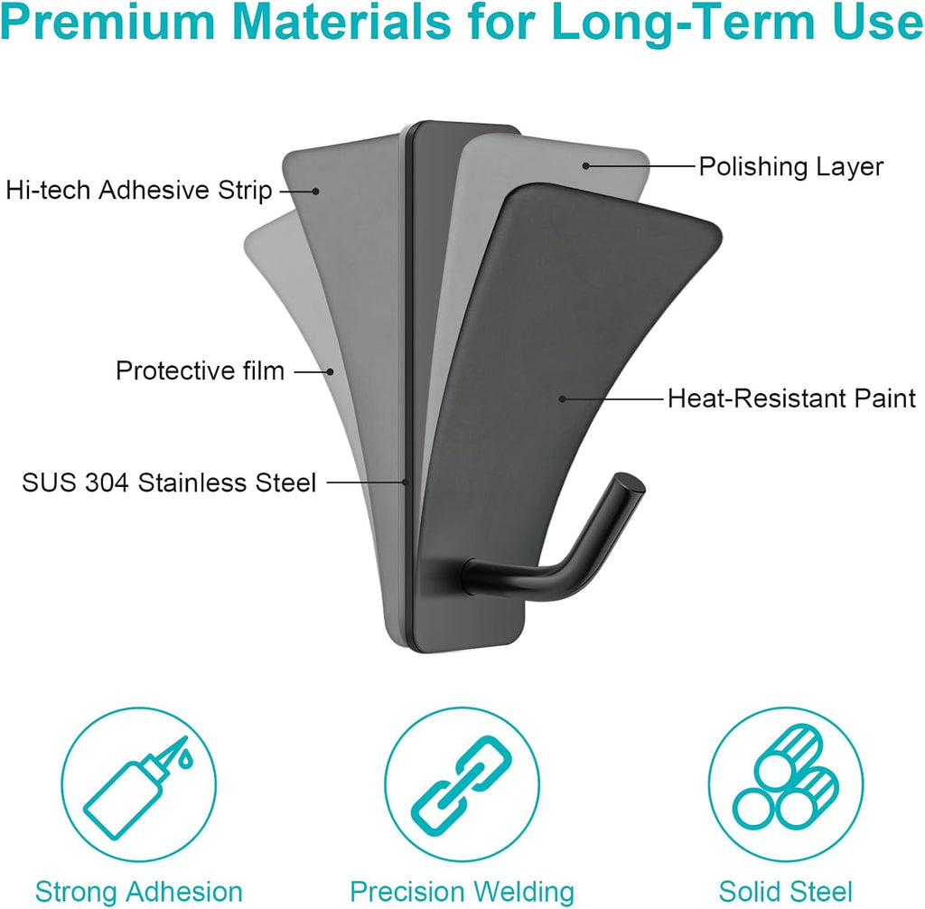 6 Pack Black Stainless Steel Self Adhesive Wall Hooks