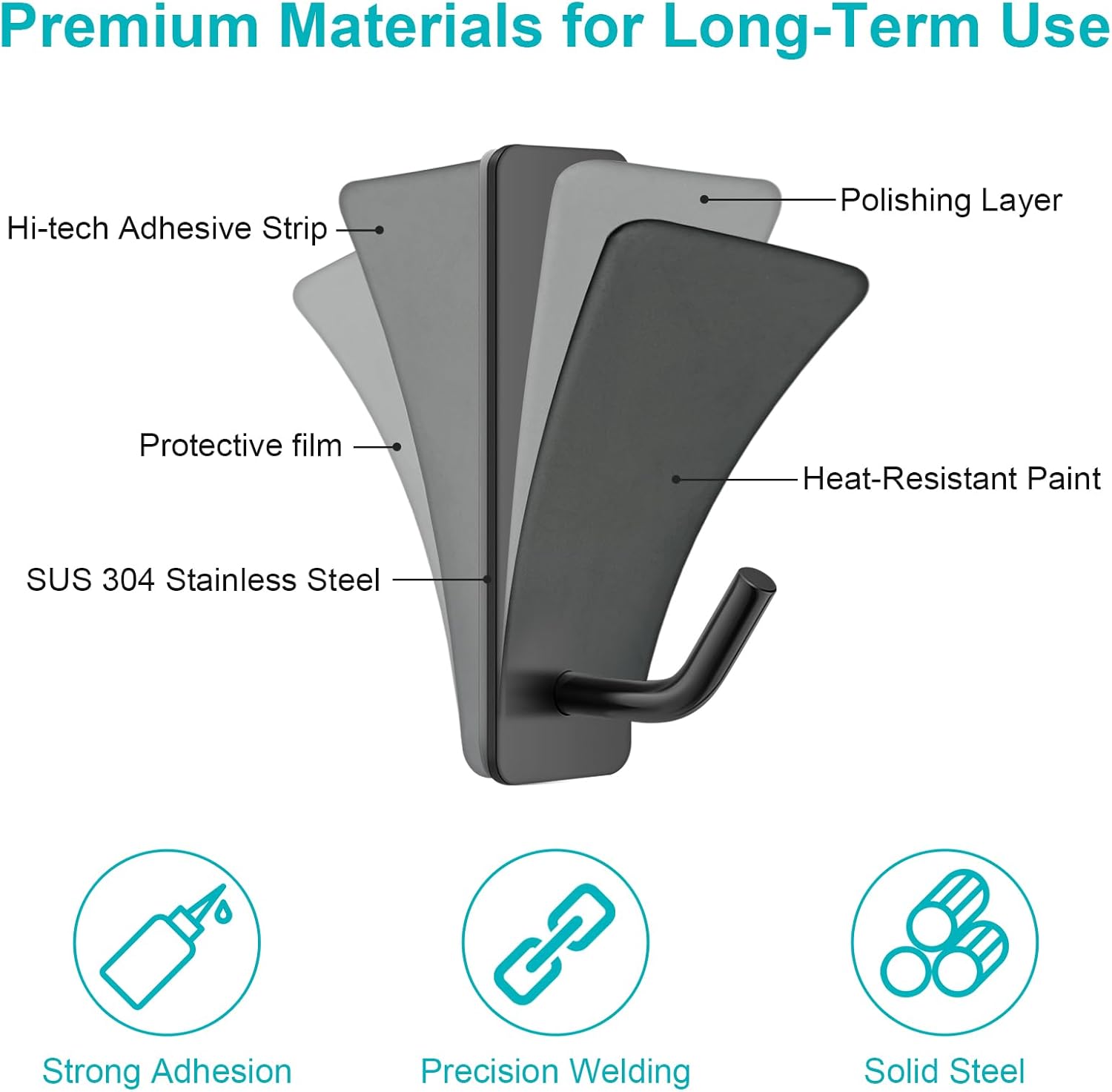 6 Pack Black Stainless Steel Self Adhesive Wall Hooks