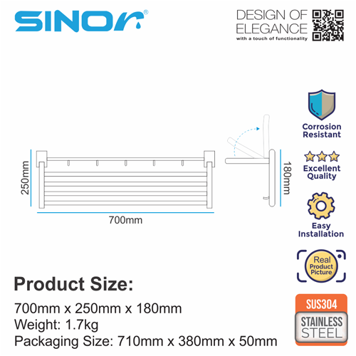 SUS304 Stainless Steel Foldable Wall Mount Towel Rack with Hooks