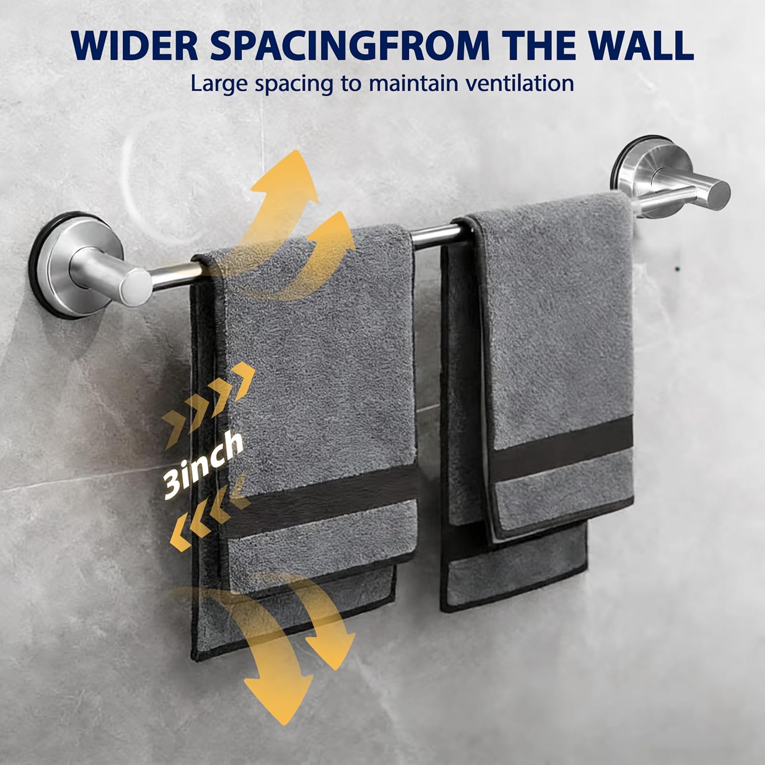 Silver Adjustable No Drill Suction Cup Stainless Steel Towel Bar