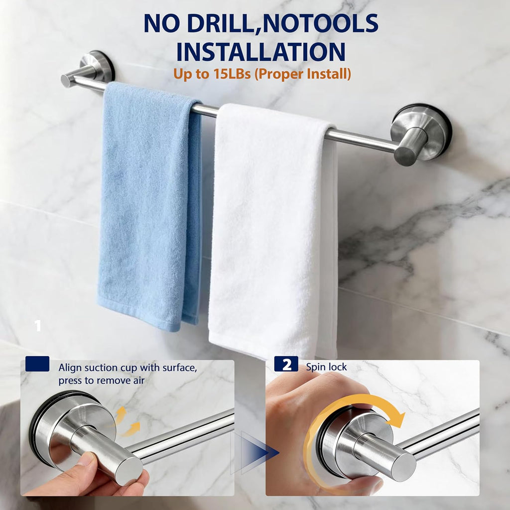 Silver Adjustable No Drill Suction Cup Stainless Steel Towel Bar