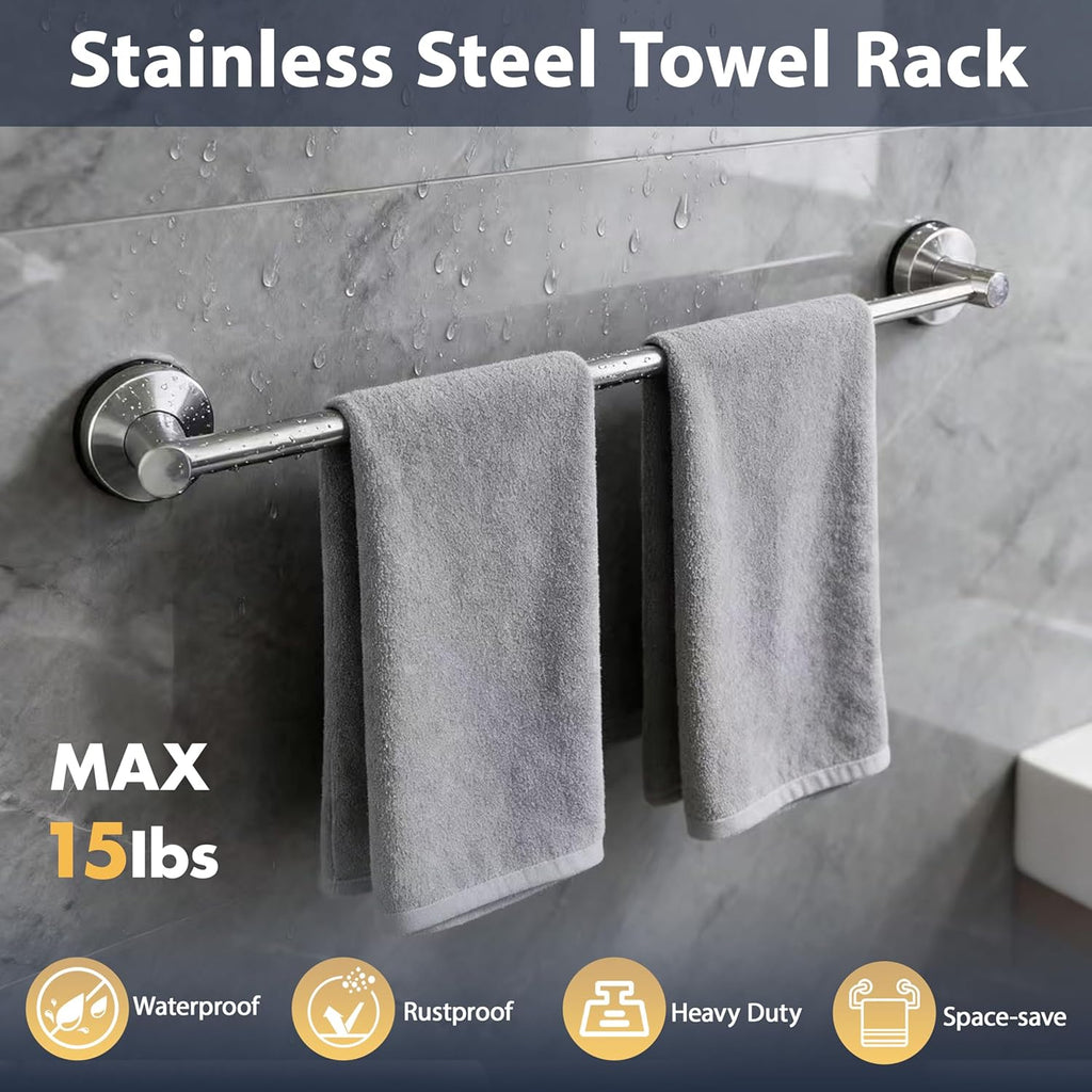 Silver Adjustable No Drill Suction Cup Stainless Steel Towel Bar