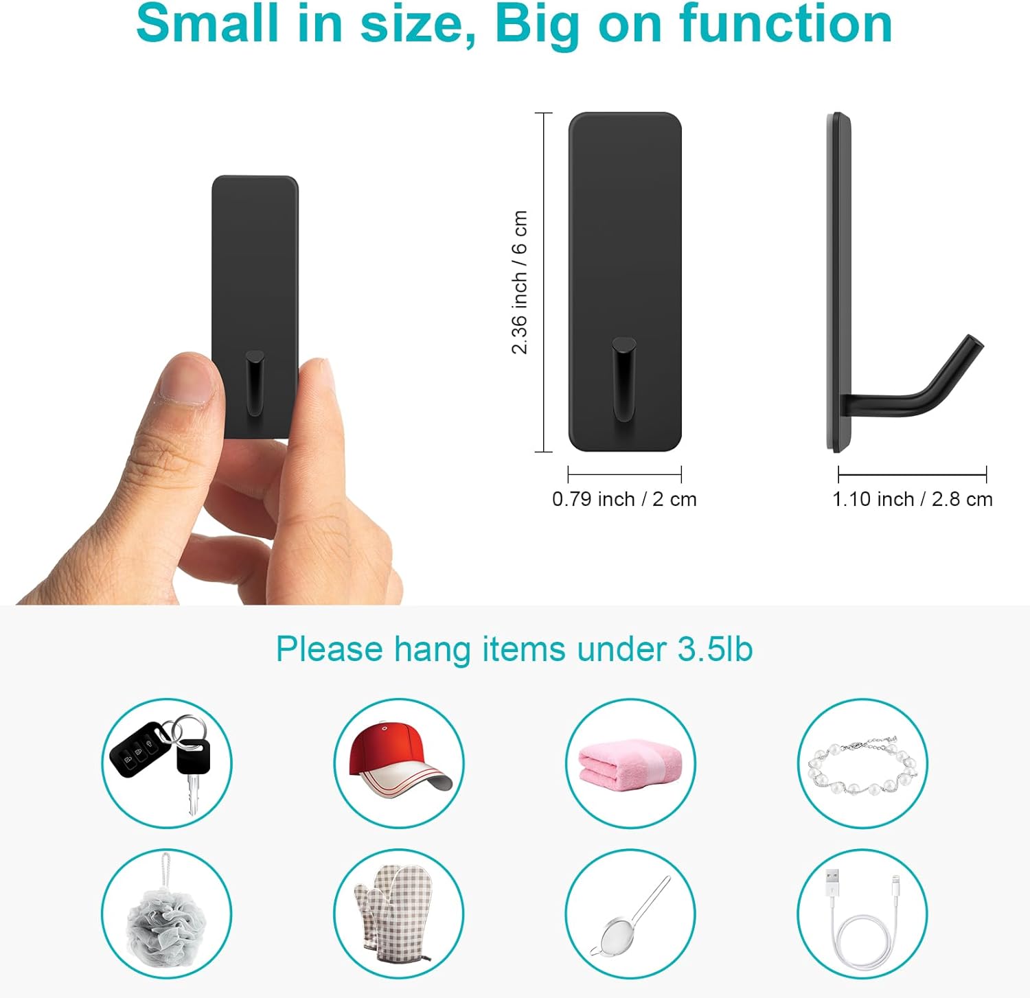 6 Pack Black Stainless Steel Self Adhesive Wall Hooks