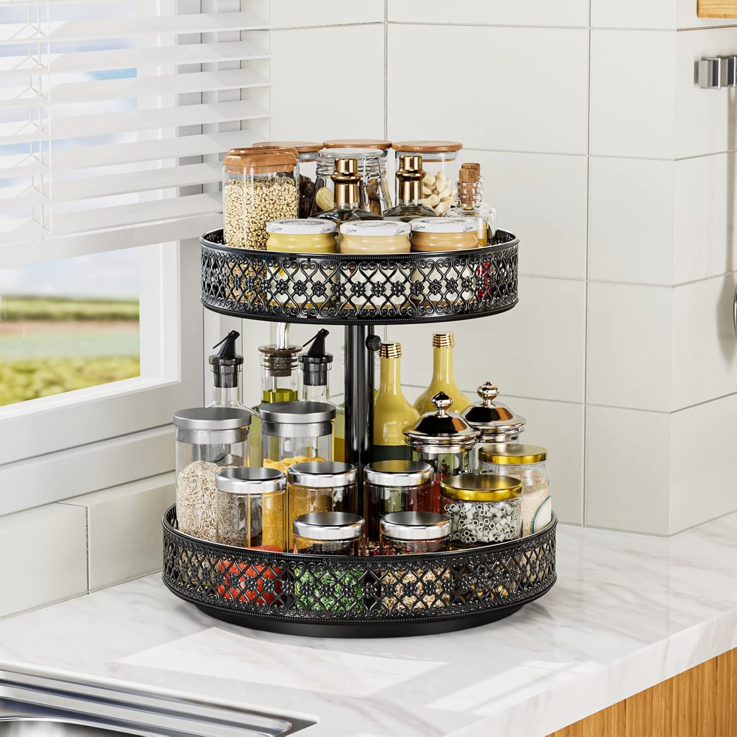 Black 2 Tier Metal Lazy Susan Spice Rack 12 Inch