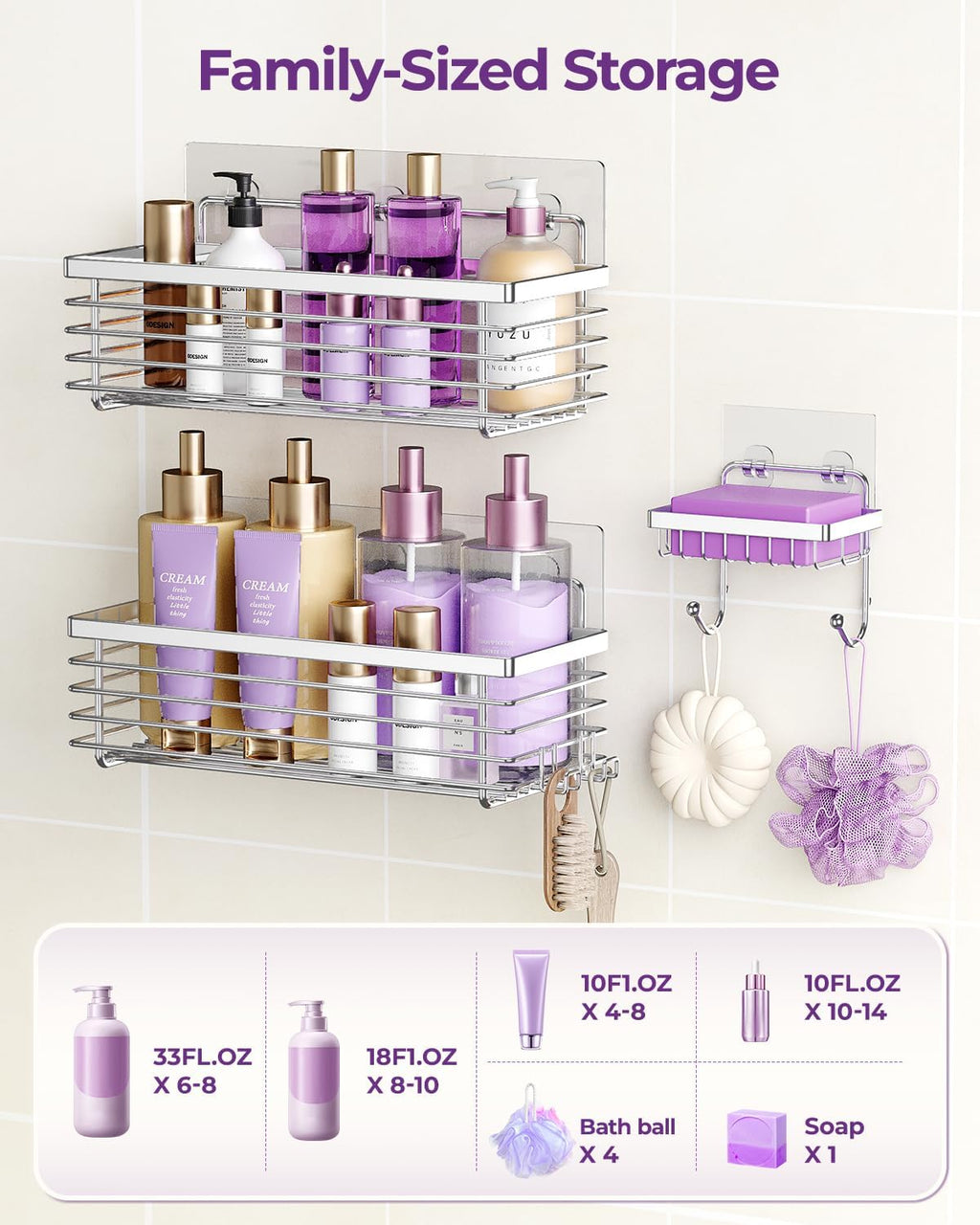 Silver SUS304 No Drill Shower Caddy 3 Pack