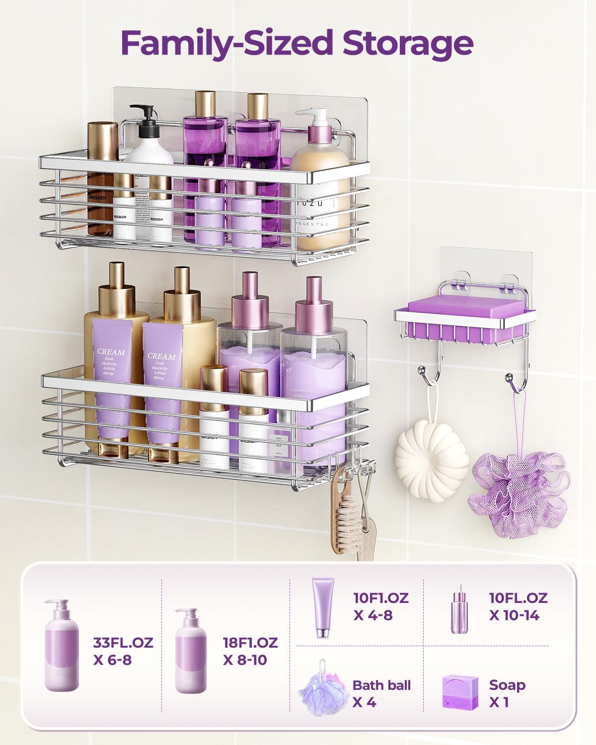 Silver SUS304 No Drill Shower Caddy 3 Pack