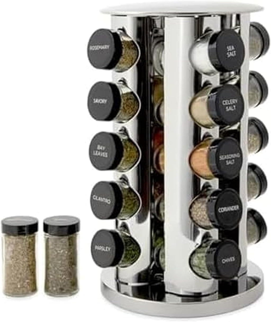 Stainless Steel Revolving Spice Rack 20 Jars with Spices