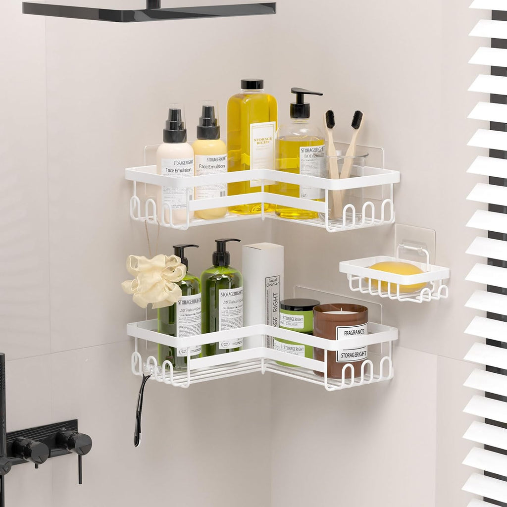 White No Drill Corner Shower Caddy 3 Pack