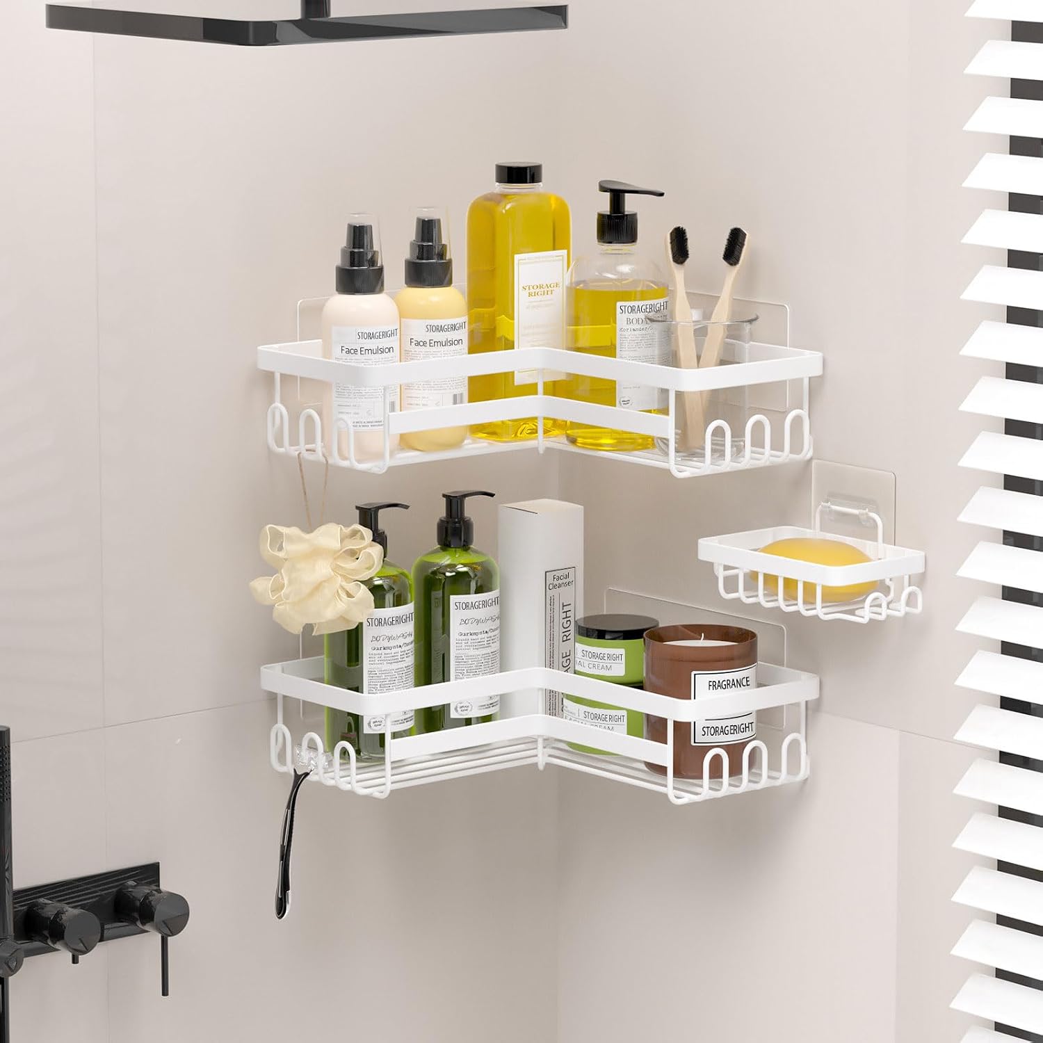 White No Drill Corner Shower Caddy 3 Pack