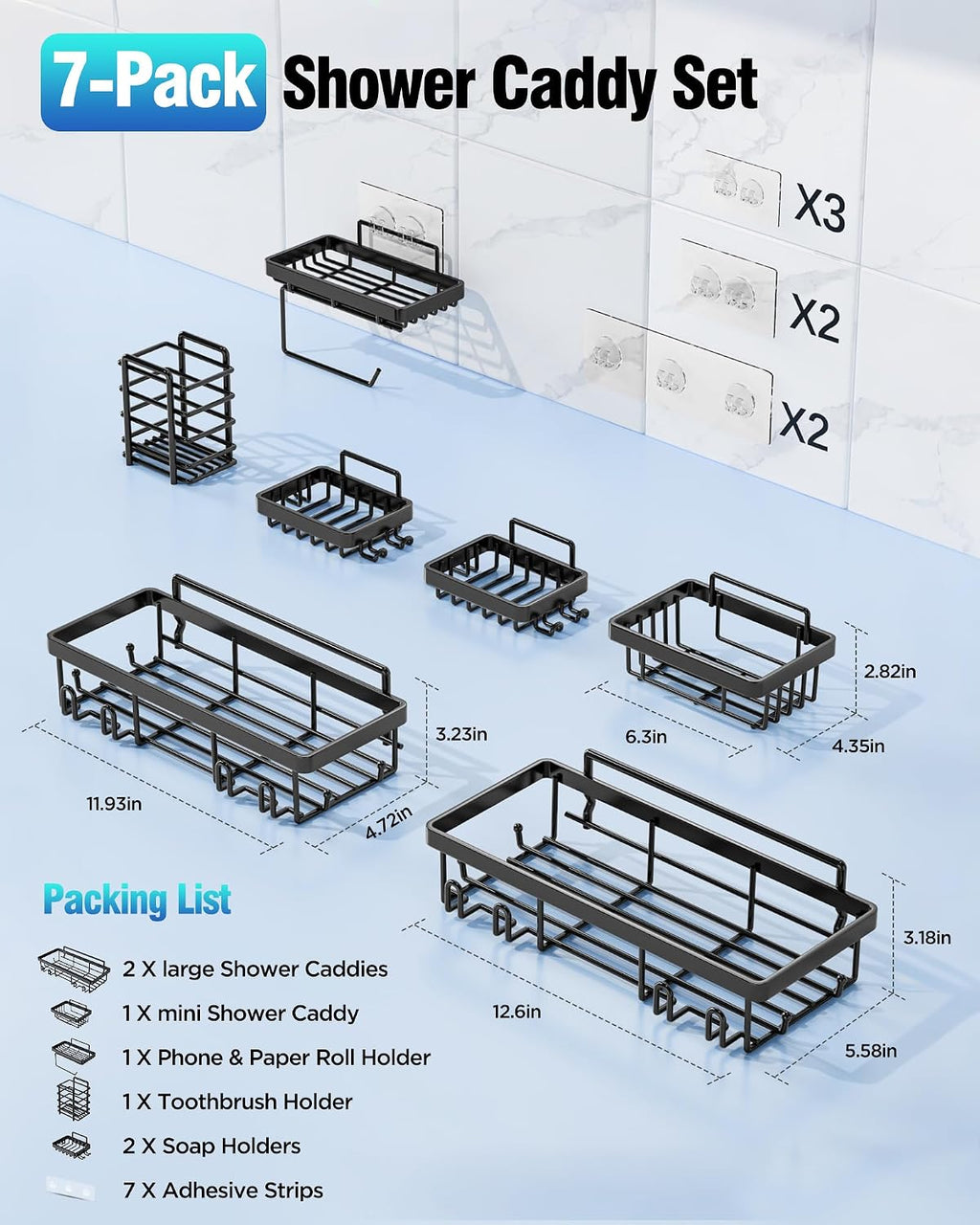 Black No Drill Stainless Shower Caddy 7 Pack