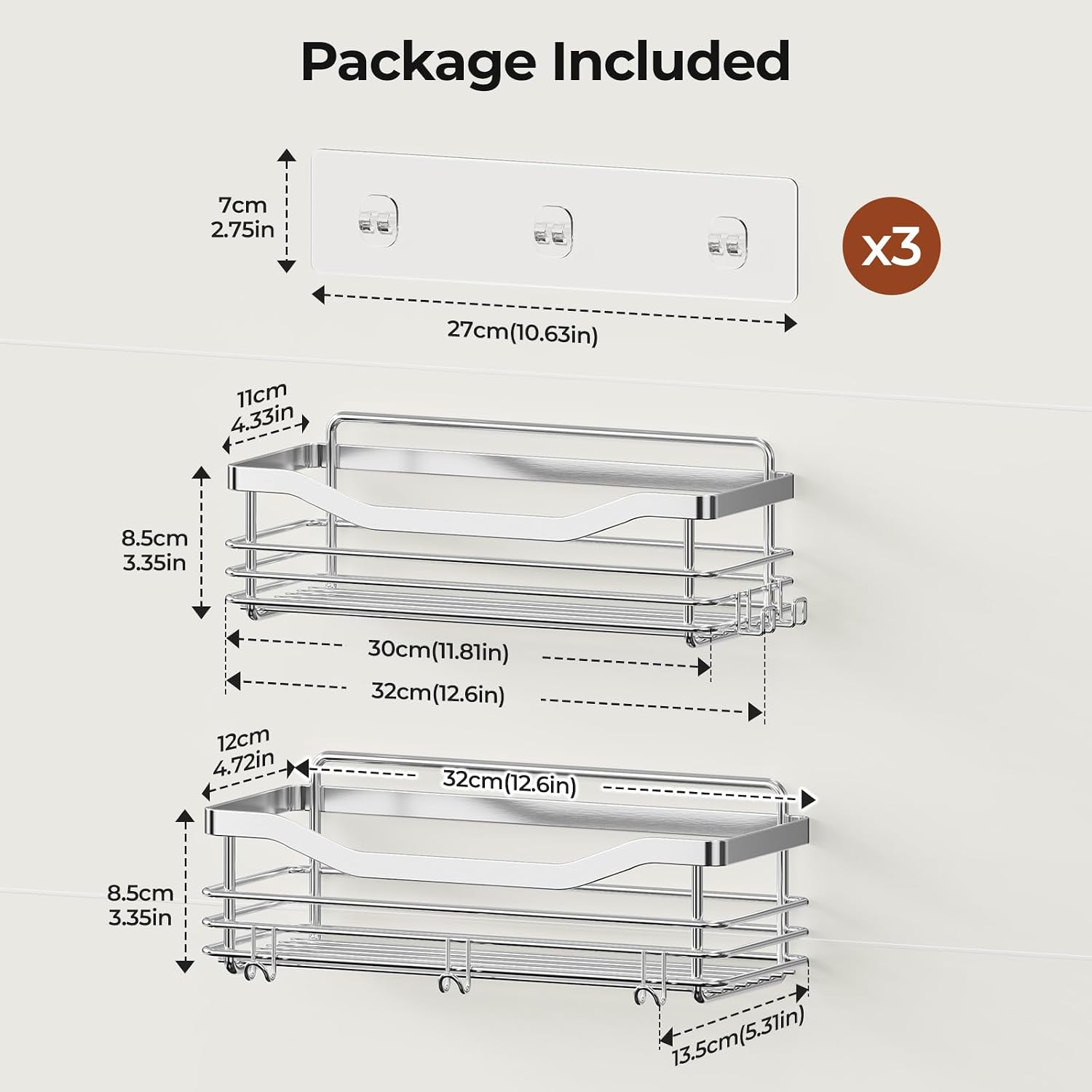 No Drill Stainless Shower Caddy 2 Pack with Hooks
