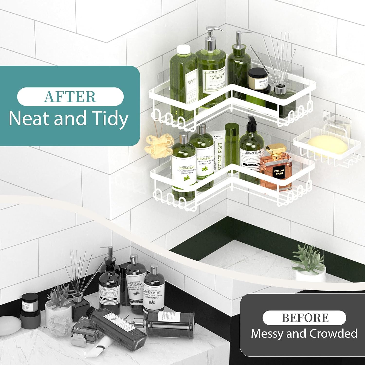 White No Drill Corner Shower Caddy 3 Pack