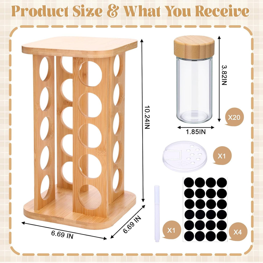 Bamboo Rotating Spice Rack 20 Glass Jars Set