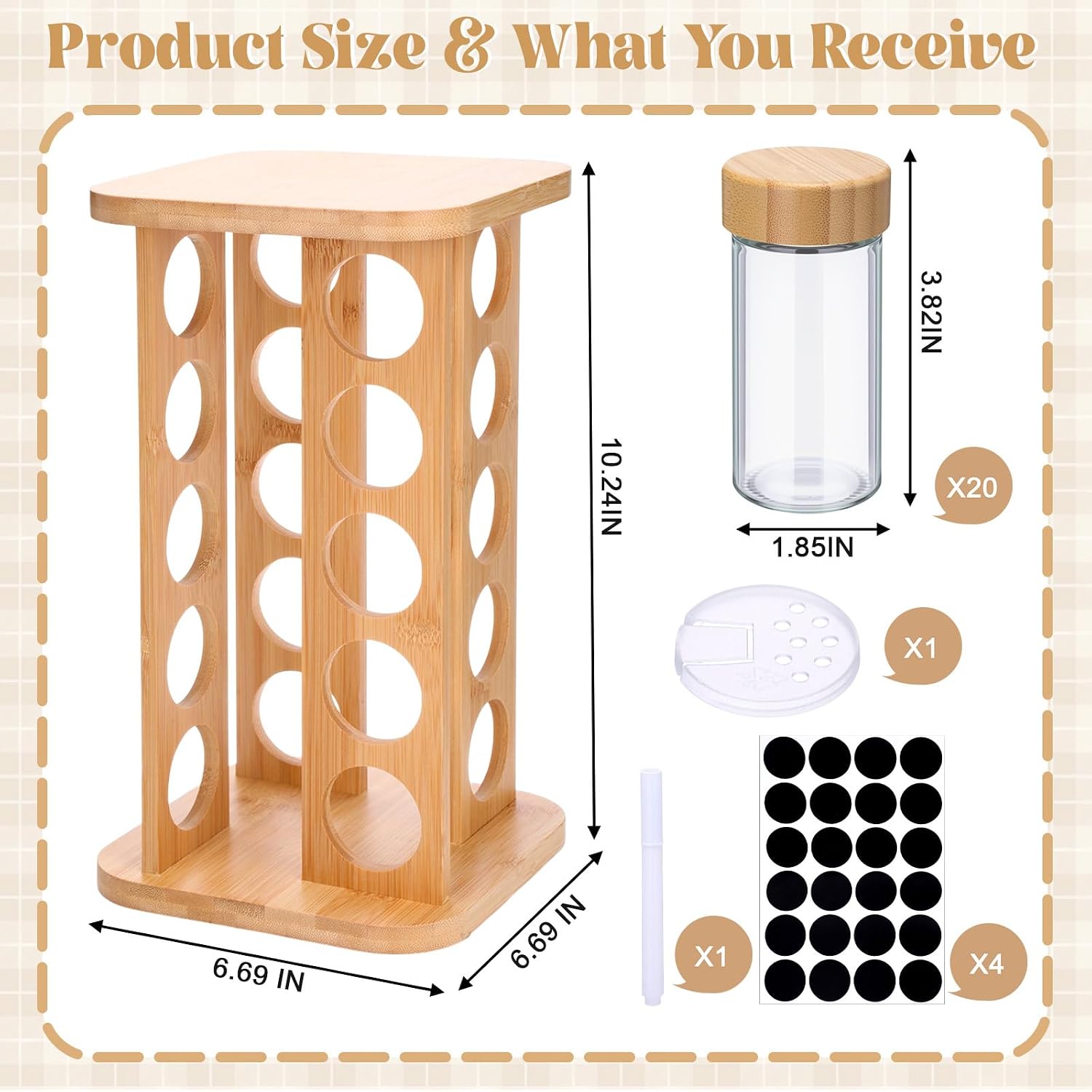Bamboo Rotating Spice Rack 20 Glass Jars Set