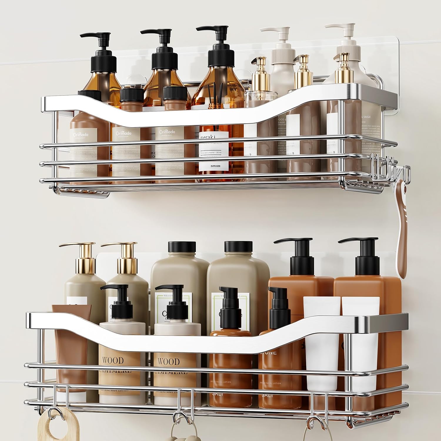 No Drill Stainless Shower Caddy 2 Pack with Hooks