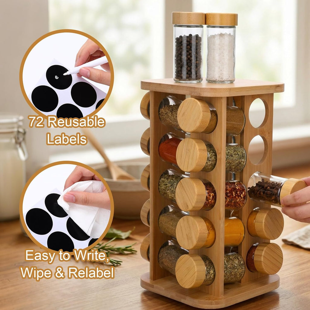 Bamboo Rotating Spice Rack 20 Glass Jars Set