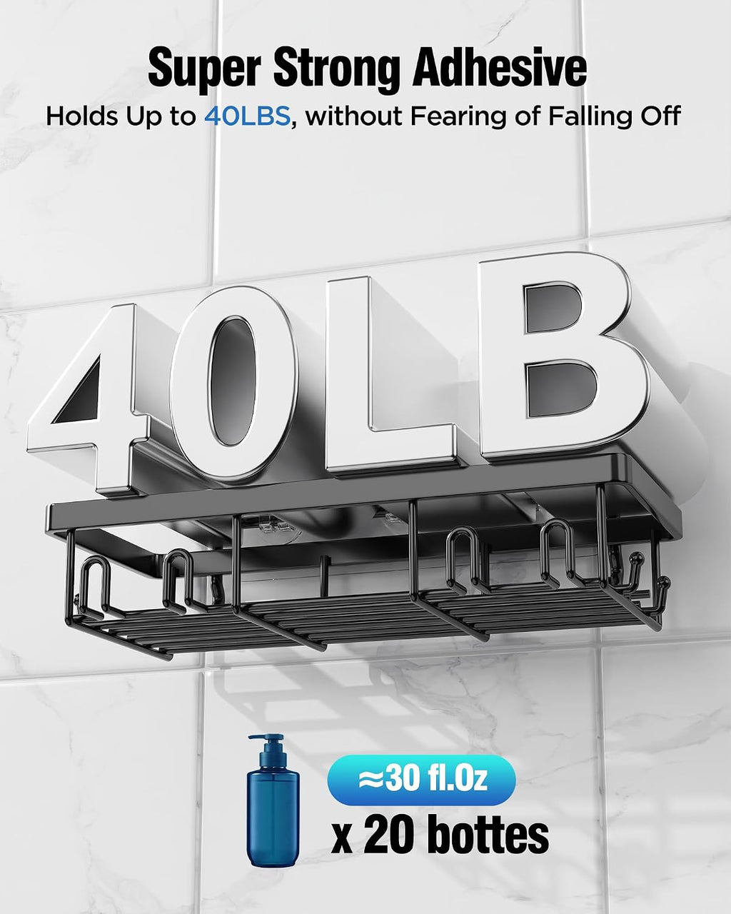 Black No Drill Stainless Shower Caddy 7 Pack