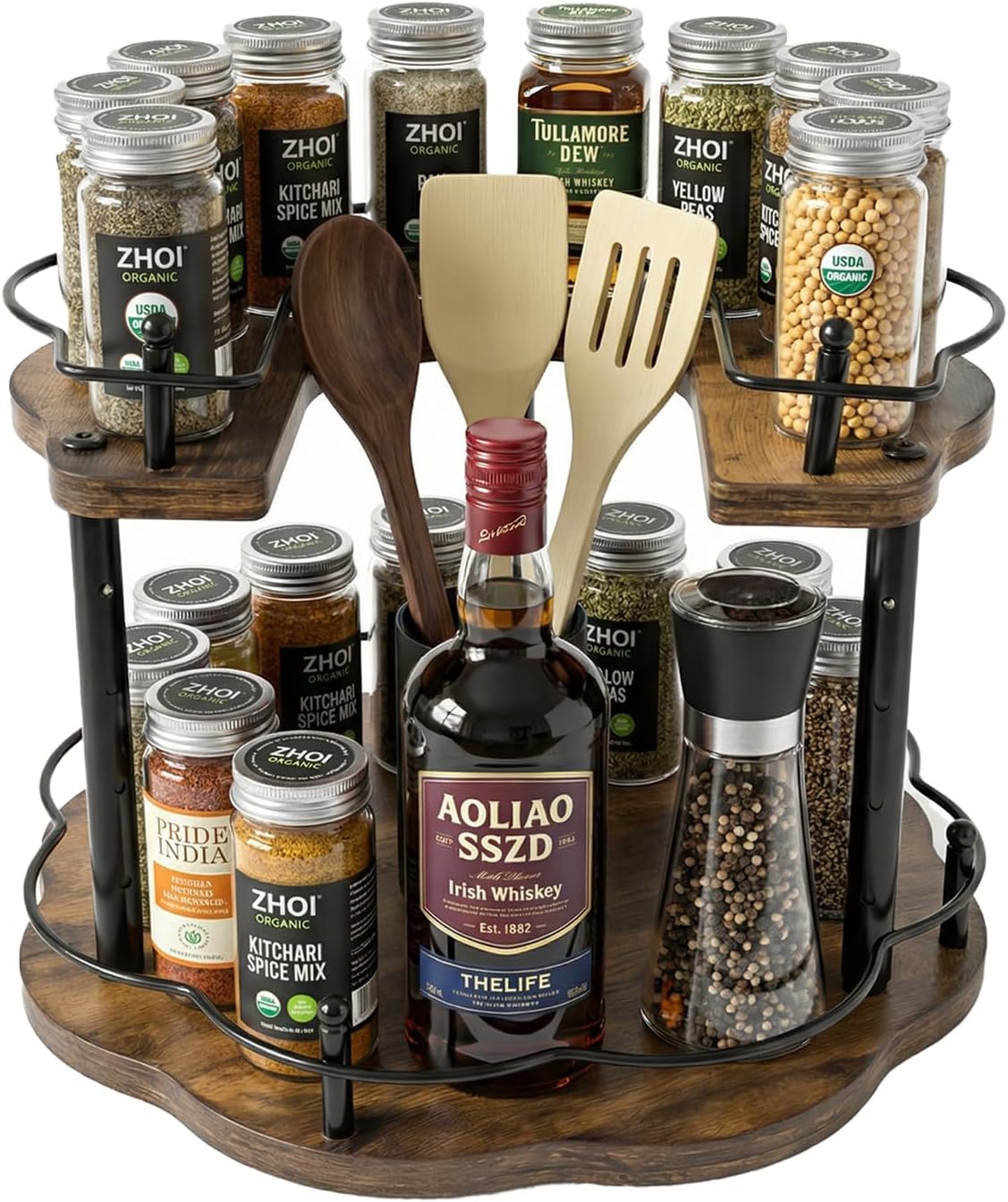 12 Inch Adjustable Wood 2-Tier Lazy Susan Spice Rack