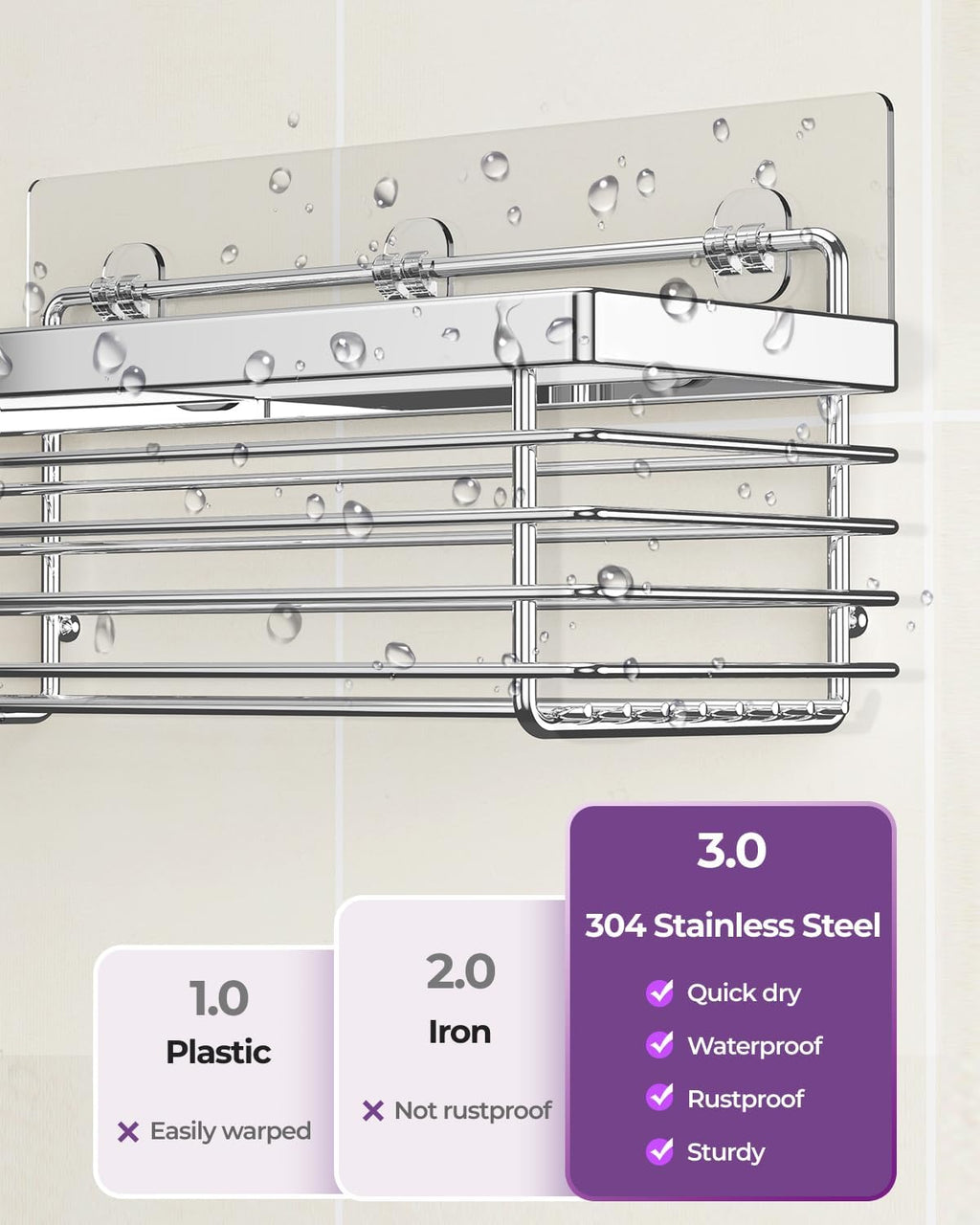 Silver SUS304 No Drill Shower Caddy 3 Pack