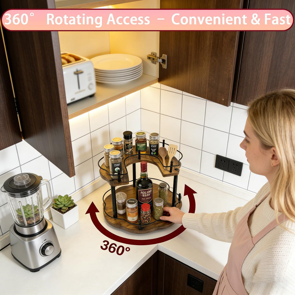 12 Inch Adjustable Wood 2-Tier Lazy Susan Spice Rack