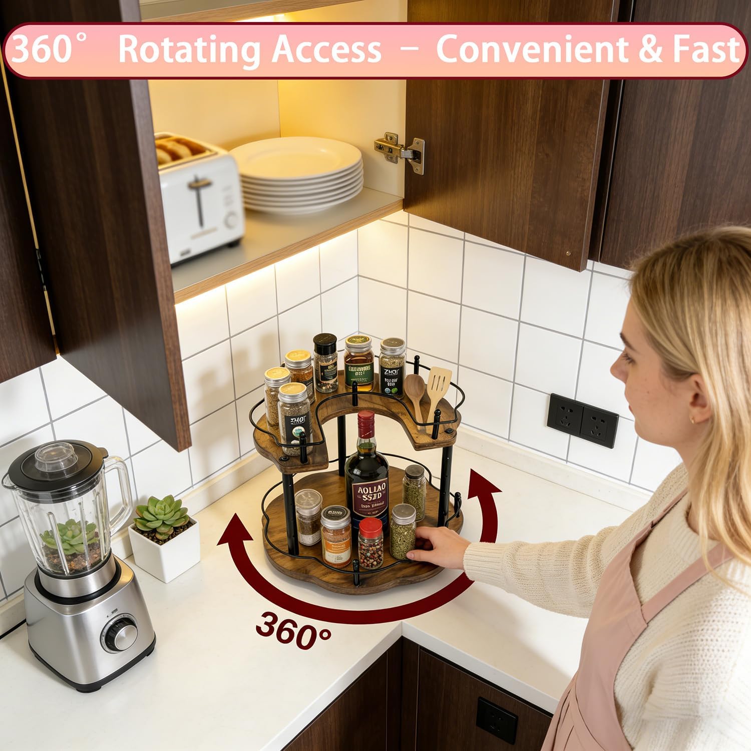 12 Inch Adjustable Wood 2-Tier Lazy Susan Spice Rack