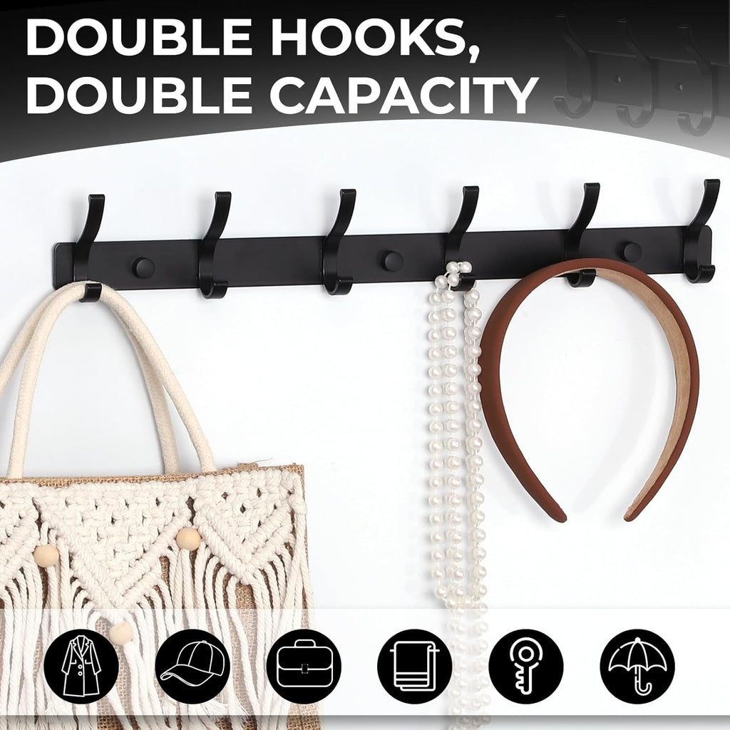 2 Pack Black Wall Mount Double Hook Coat & Towel Rack