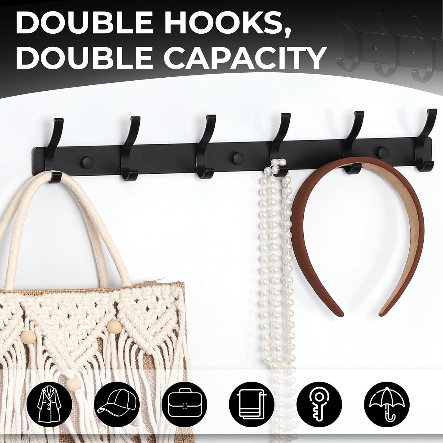 2 Pack Black Wall Mount Double Hook Coat & Towel Rack