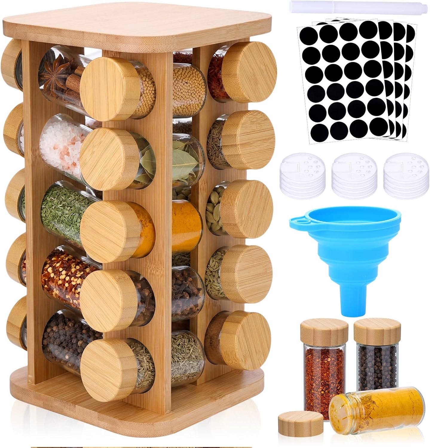 Bamboo Rotating Spice Rack 20 Glass Jars Set