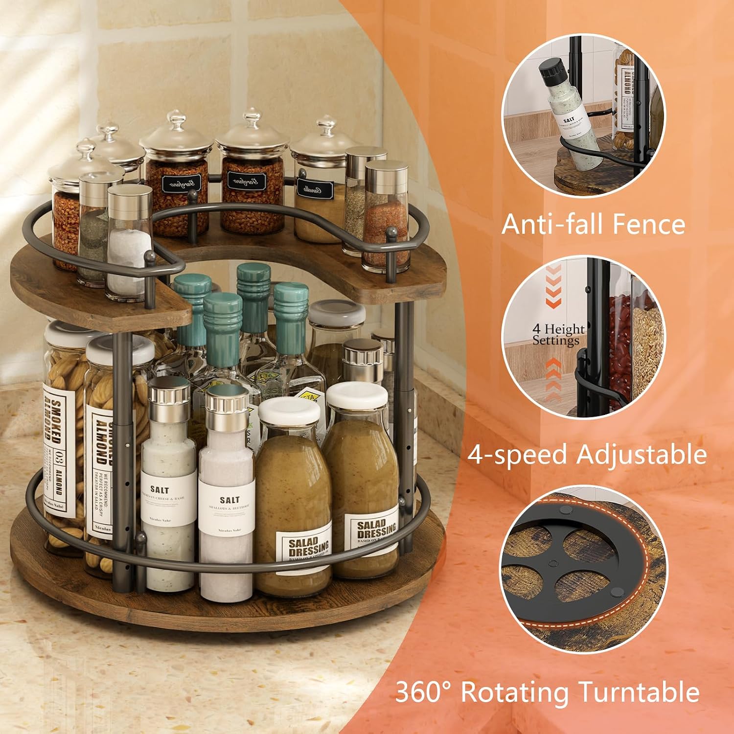 2 Tier Round Adjustable Lazy Susan Spice Rack