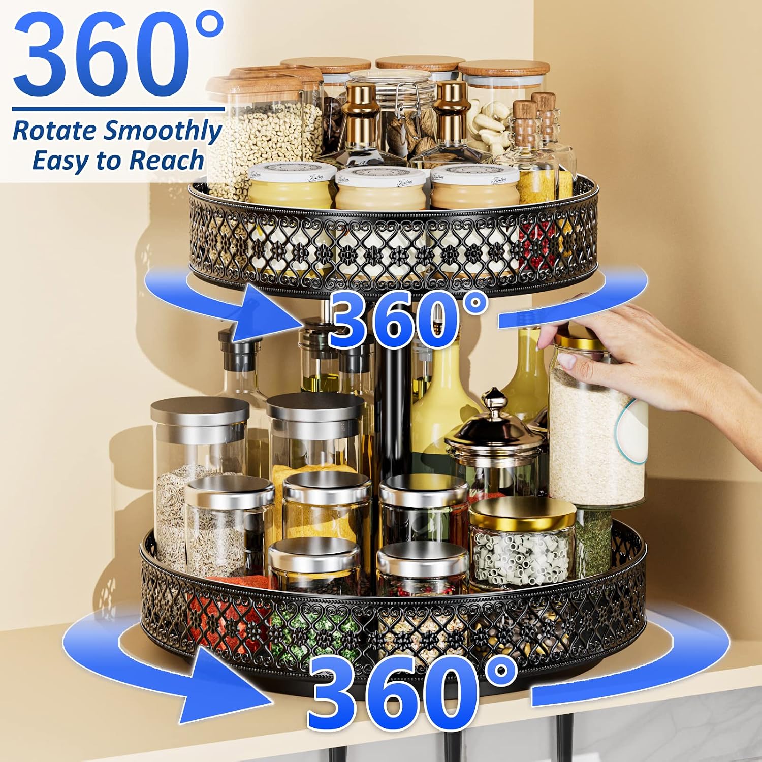 Black 2 Tier Metal Lazy Susan Spice Rack 12 Inch