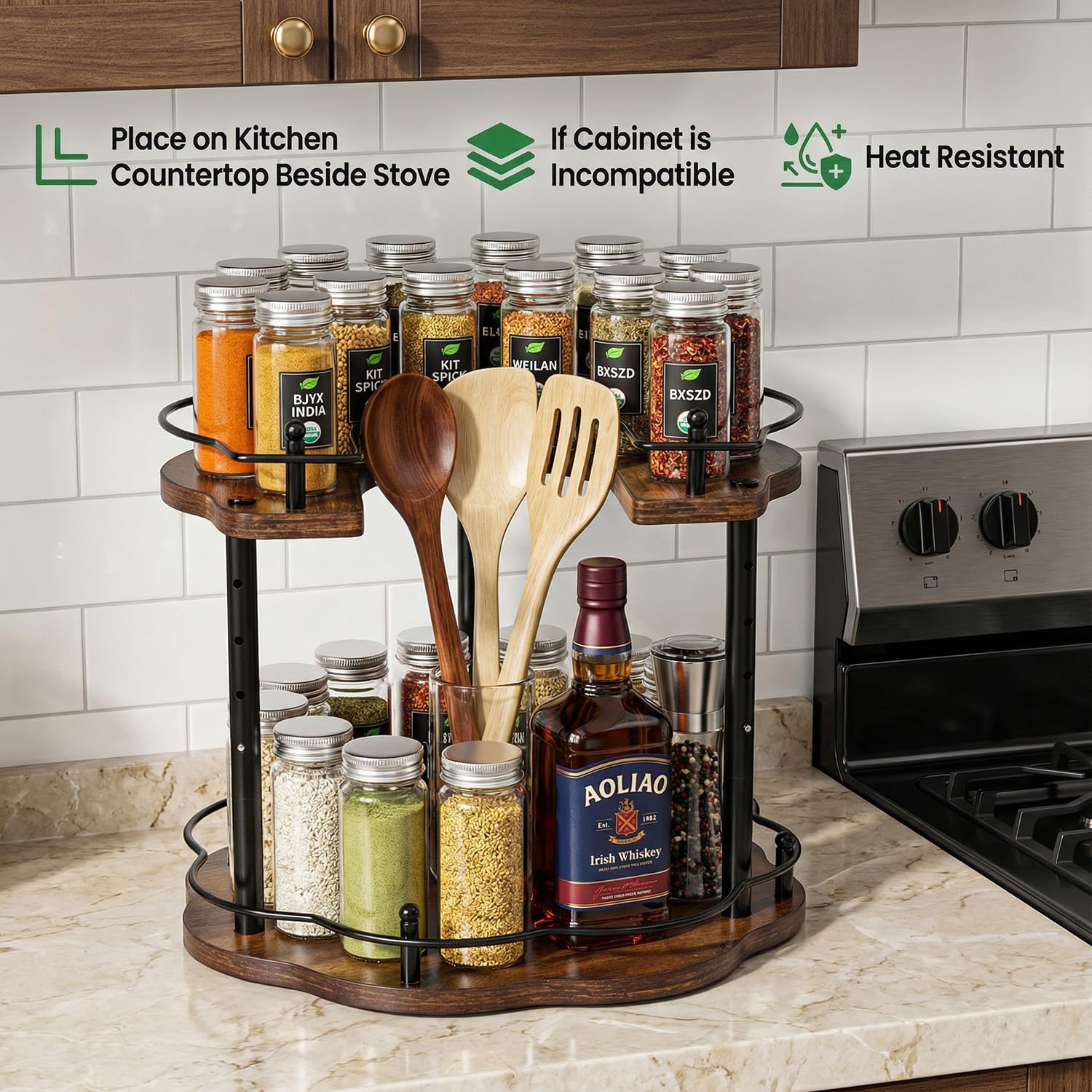 12 Inch Adjustable Wood 2-Tier Lazy Susan Spice Rack
