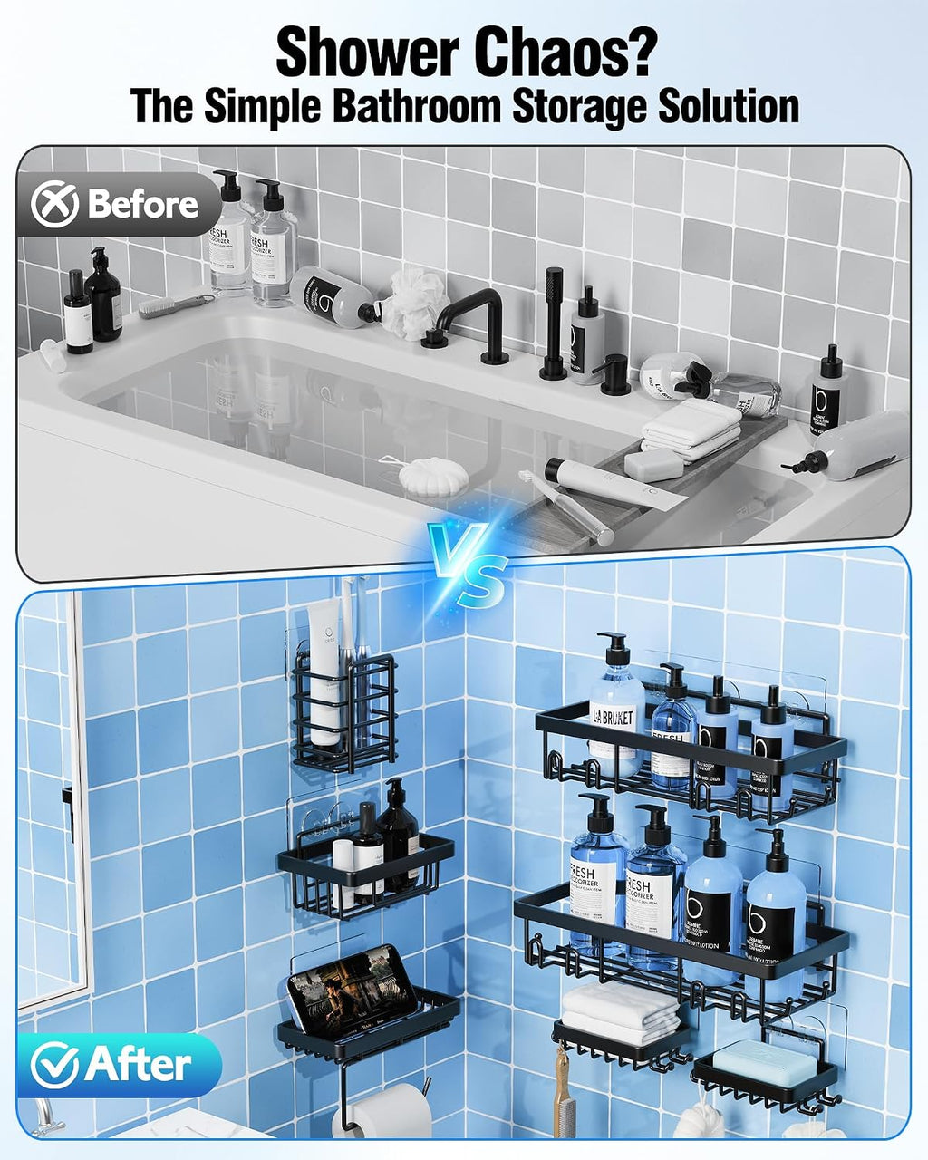 Black No Drill Stainless Shower Caddy 7 Pack