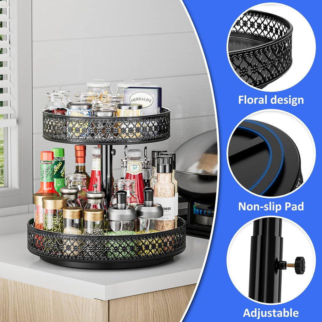 Black 2 Tier Metal Lazy Susan Spice Rack 12 Inch