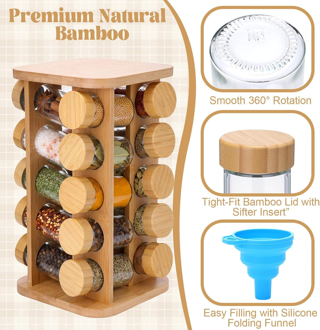 Bamboo Rotating Spice Rack 20 Glass Jars Set