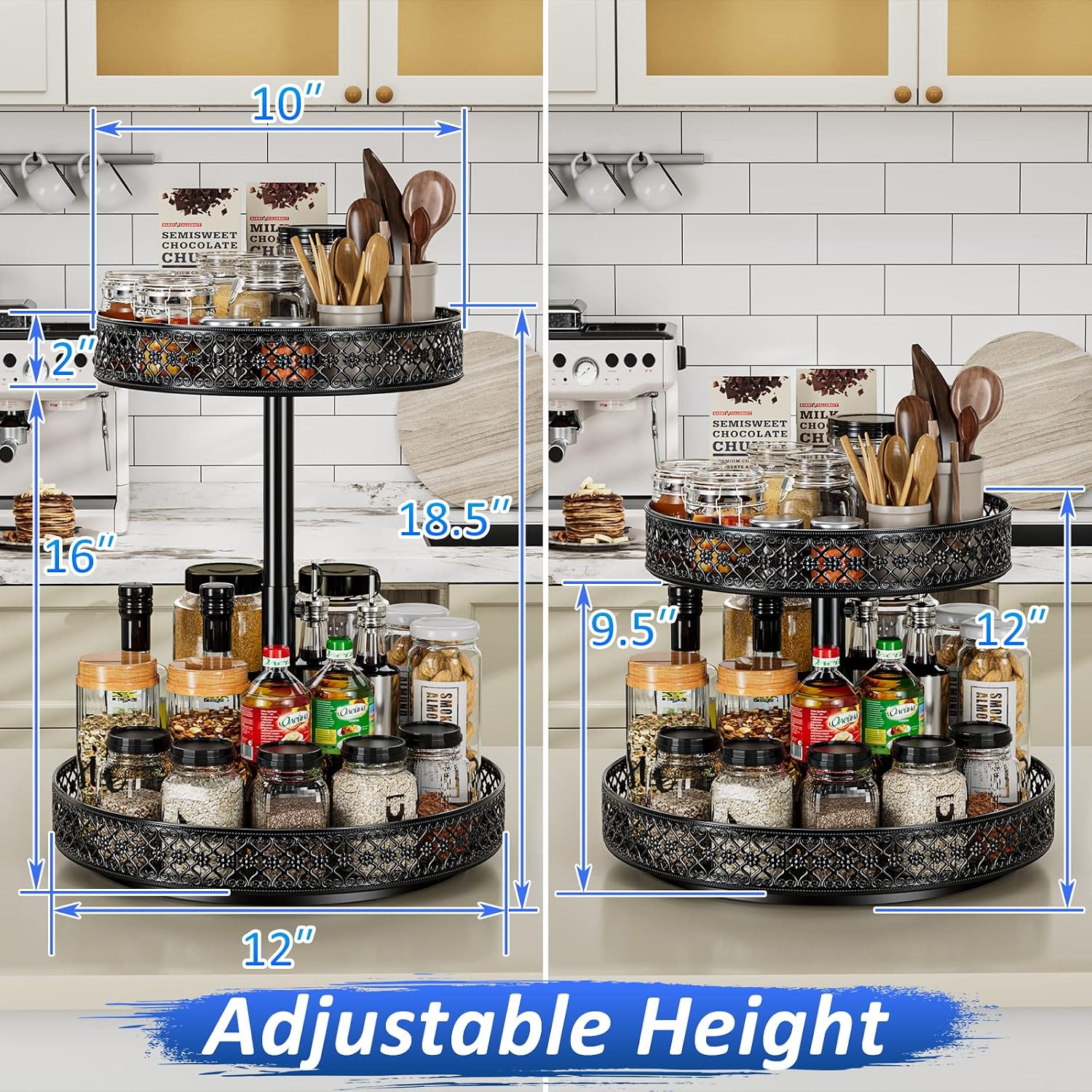 Black 2 Tier Metal Lazy Susan Spice Rack 12 Inch