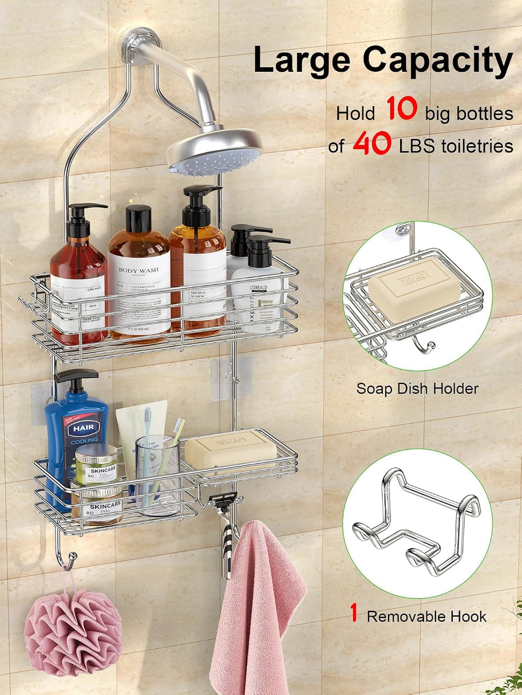 Silver SUS201 Overhead Hanging Shower Caddy