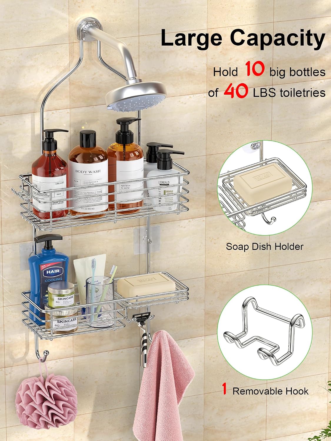 Silver SUS201 Overhead Hanging Shower Caddy