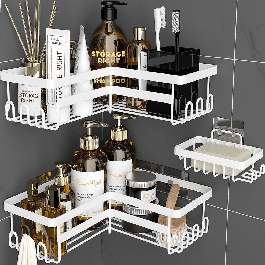 White No Drill Corner Shower Caddy 3 Pack