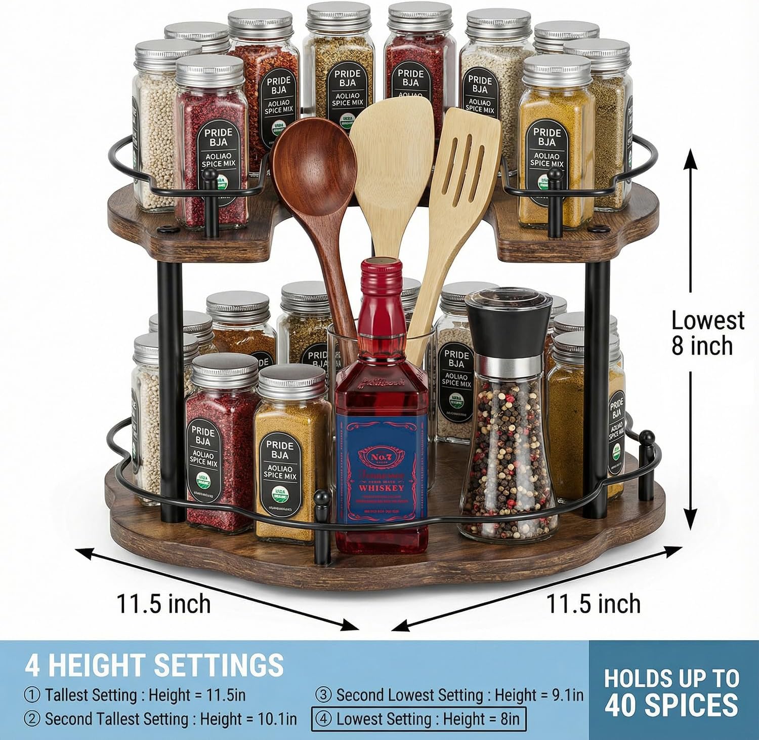 12 Inch Adjustable Wood 2-Tier Lazy Susan Spice Rack