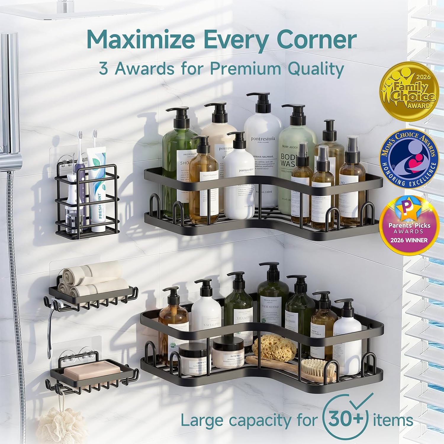 Black No Drill Corner Shower Caddy