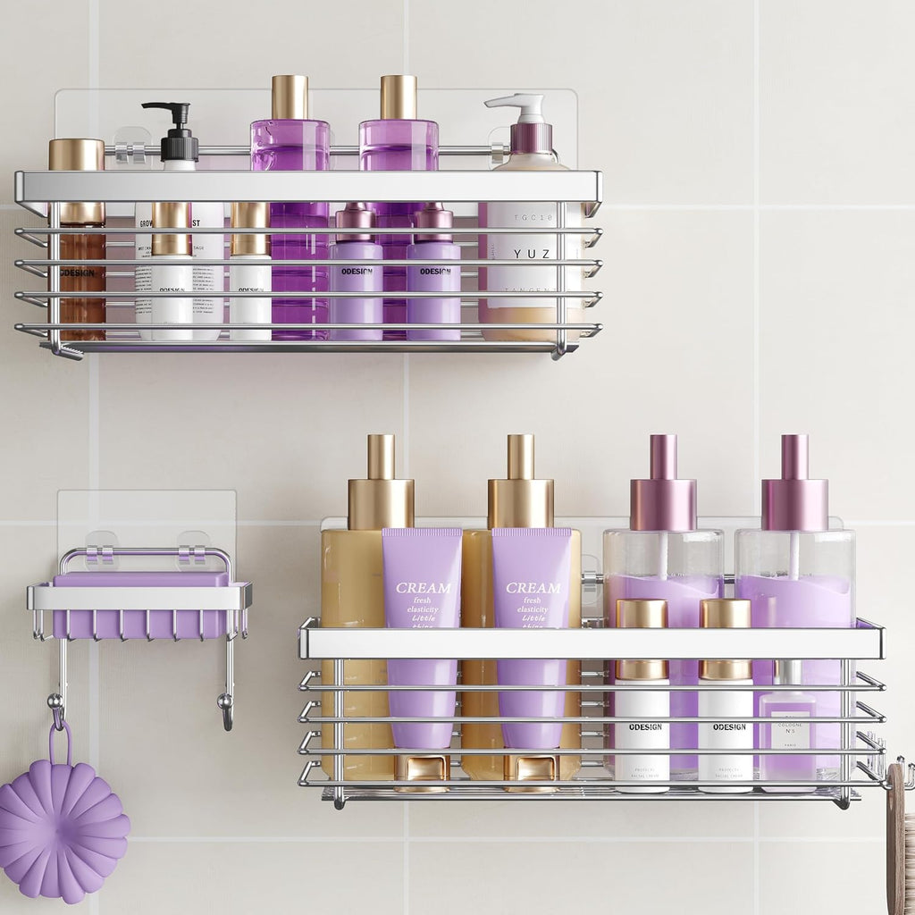 Silver SUS304 No Drill Shower Caddy 3 Pack
