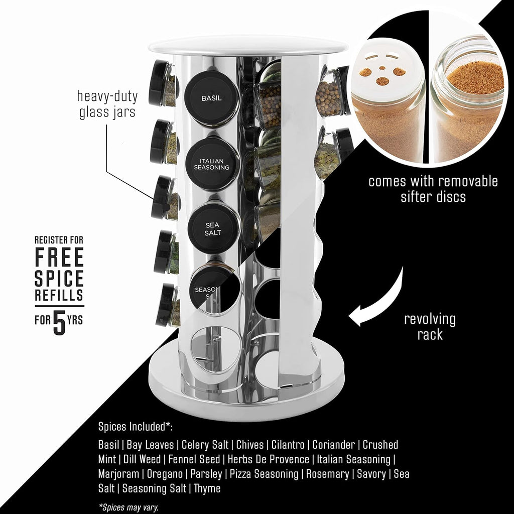 Stainless Steel Revolving Spice Rack 20 Jars with Spices