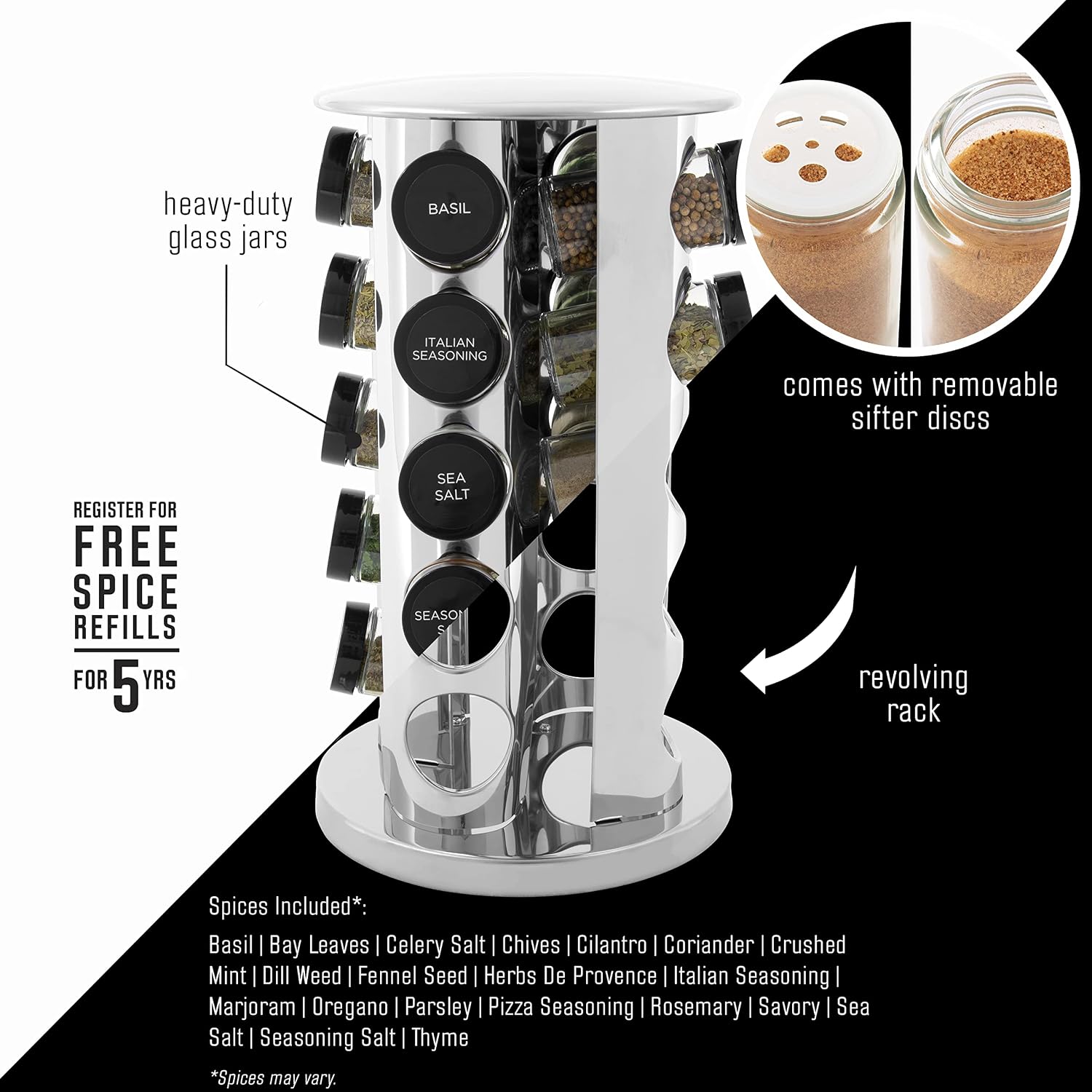 Stainless Steel Revolving Spice Rack 20 Jars with Spices