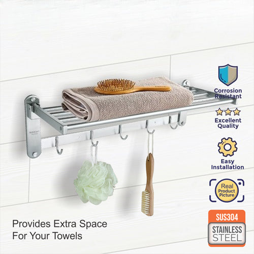 SUS304 Stainless Steel Foldable Wall Mount Towel Rack with Hooks
