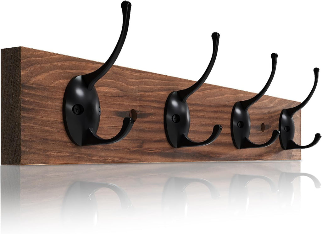 Brown Wooden 4 Hooks Wall Mount Coat Rack
