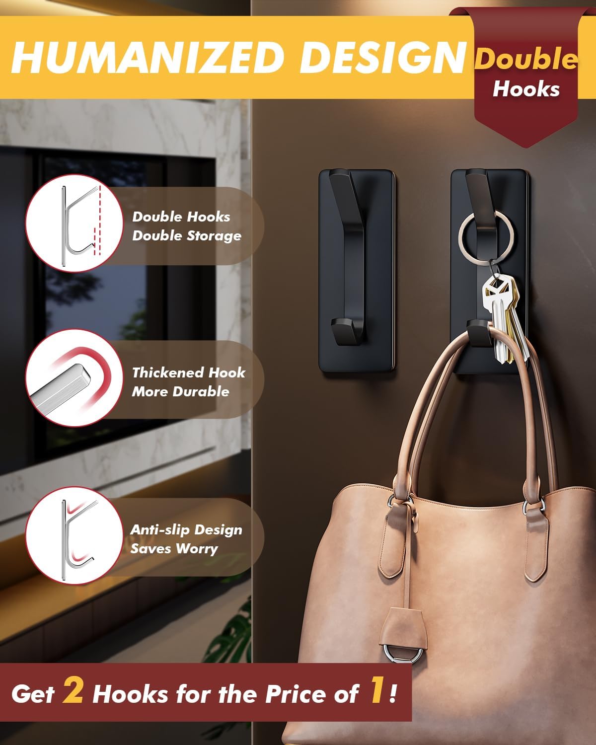 5 Pack Black Heavy Duty Self Adhesive Stainless Steel Hooks