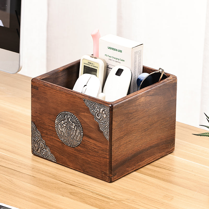 Carved Solid Wood Desktop Storage Box