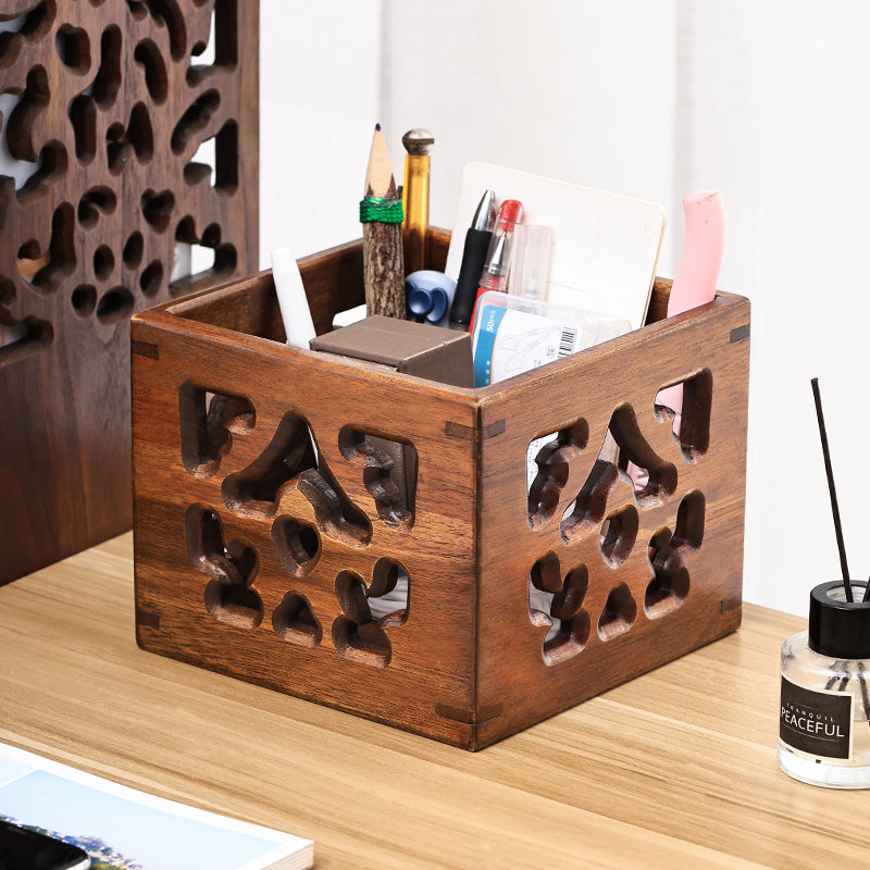 Carved Solid Wood Desktop Storage Box