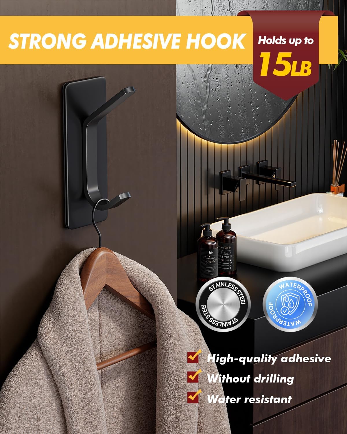 5 Pack Black Heavy Duty Self Adhesive Stainless Steel Hooks